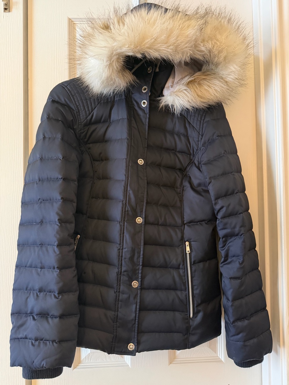 Nautica Faux Fur Hood Hooded Puffer Jacket Navy Blue Size Small